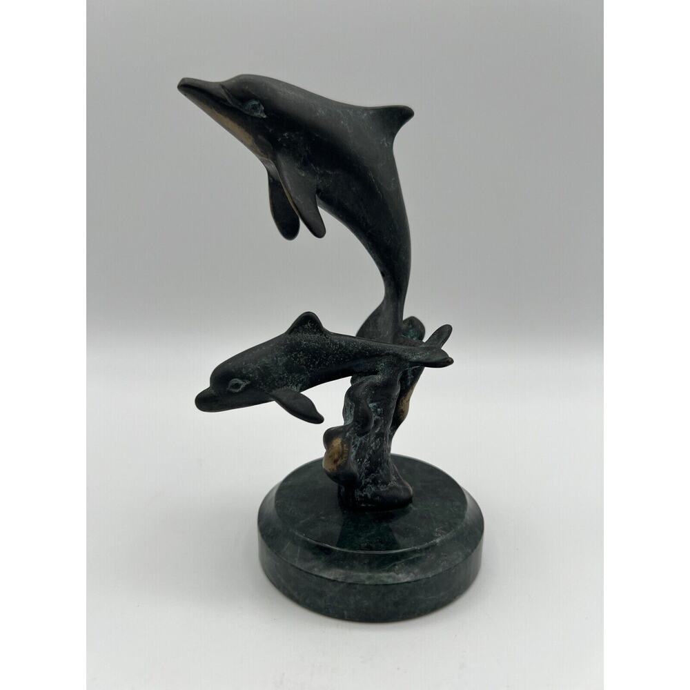 SPI Bronze Mom & Baby DOLPHIN 6” Figurine Statue on Marble Base Nautical Decor